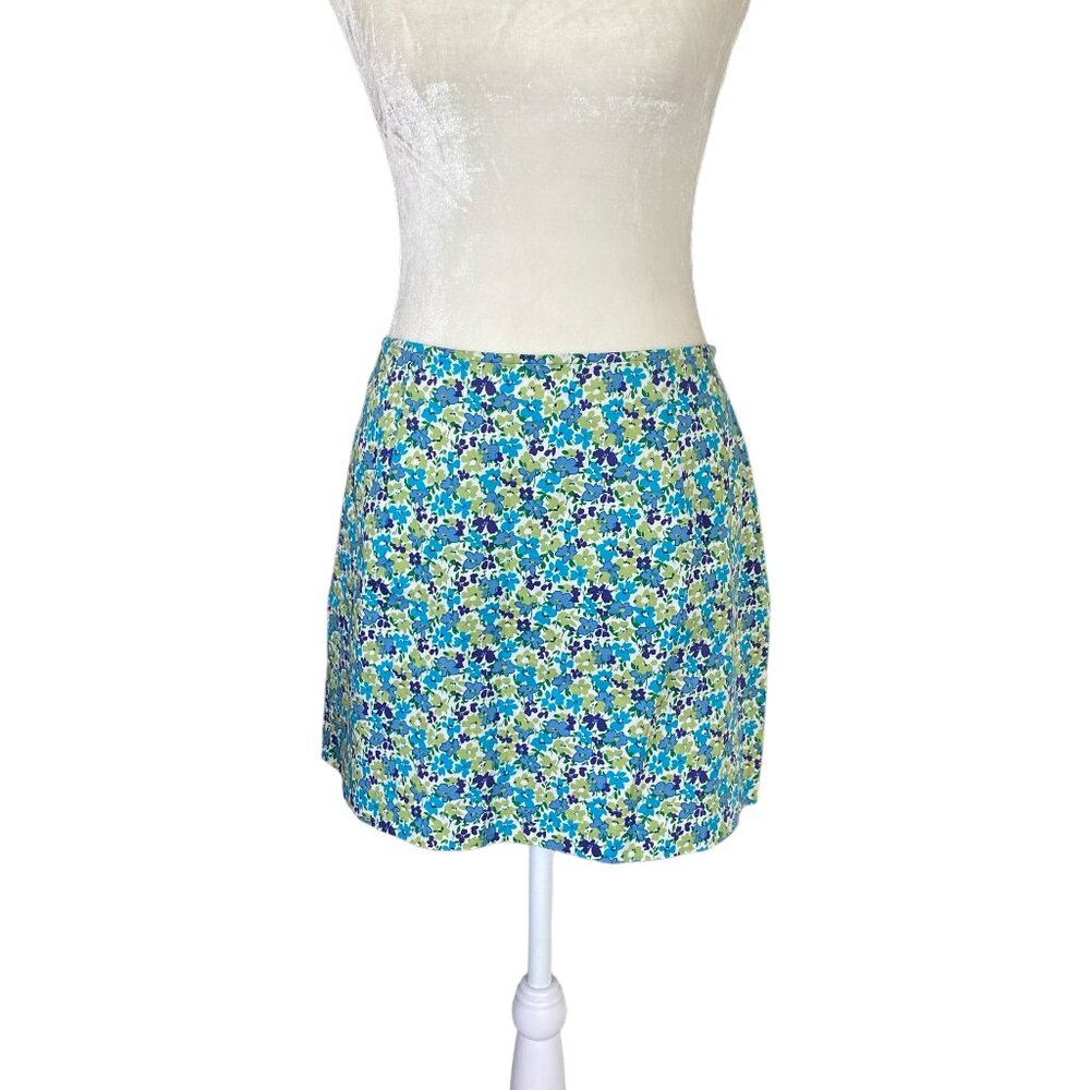 Express women's juniors 13/14 stretchy blue green floral mini skirt side zipper